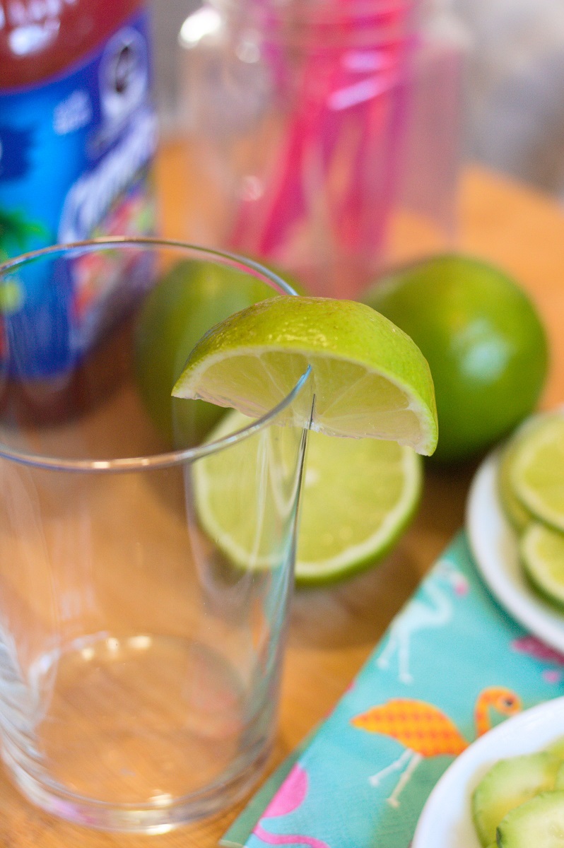 Showing how to wet a glass rim using a slice of lime so that seasoning will stick to it. 